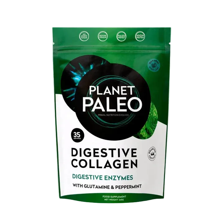 Planet Paleo Digestive Collagen pouch with digestive enzymes on a green and white background.