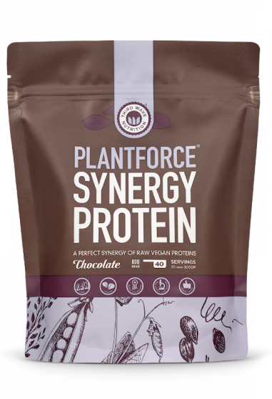 Chocolate flavor Plantforce Synergy Protein 800g pouch featuring a clean, professional brown and white design.