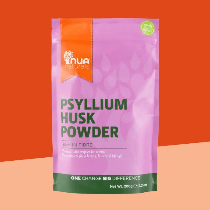 Nua Naturals Psyllium Husk Powder pouch on a vibrant orange and tan background.