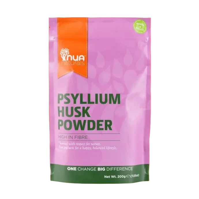 Nua Naturals Psyllium Husk Powder pouch on a vibrant orange and tan background.