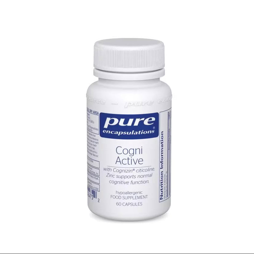 A white plastic bottle of Pure Encapsulations Cogni Active dietary supplement, featuring a white ribbed cap and a white label with blue and gray text, set against a plain white background.