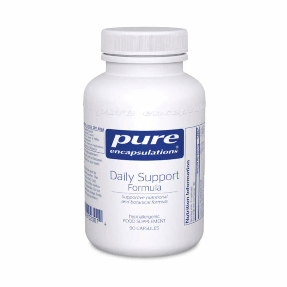 A white plastic bottle of Pure Encapsulations Daily Support Formula with a white cap, shown on a plain white background.