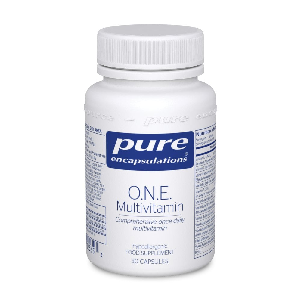 White bottle of Pure Encapsulations O.N.E. Multivitamin capsules.