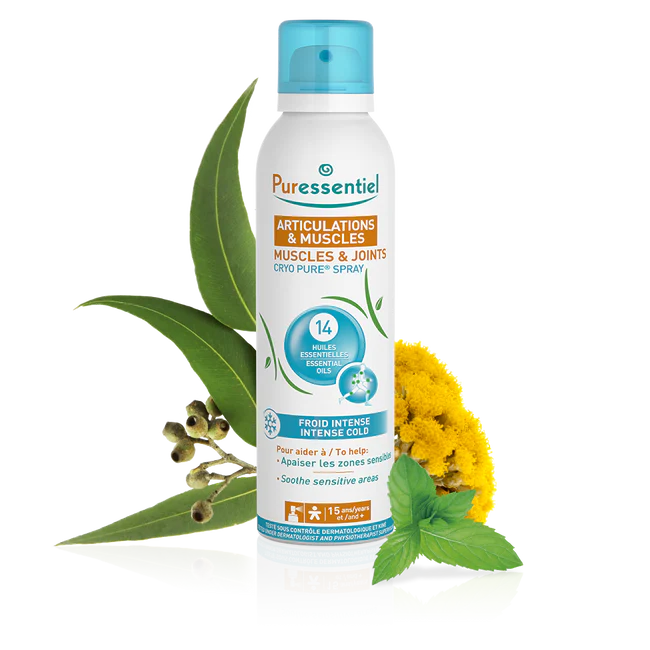 A Puressentiel Muscles & Joints Cryo Pure Spray, featuring 14 essential oils designed to provide intense cold to soothe sensitive areas.