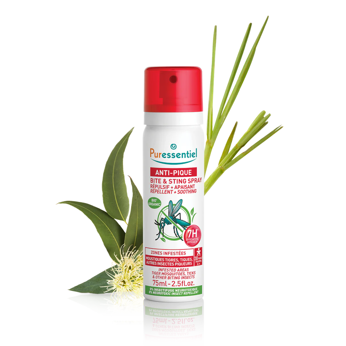 Puressentiel Anti-Pique bite and sting spray with botanical eucalyptus and lemongrass.