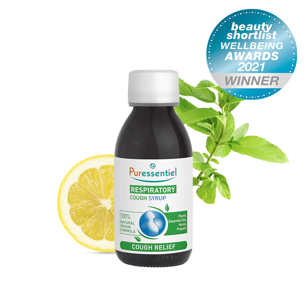 Puressentiel Respiratory Cough Syrup bottle with lemon, mint, and award seal.