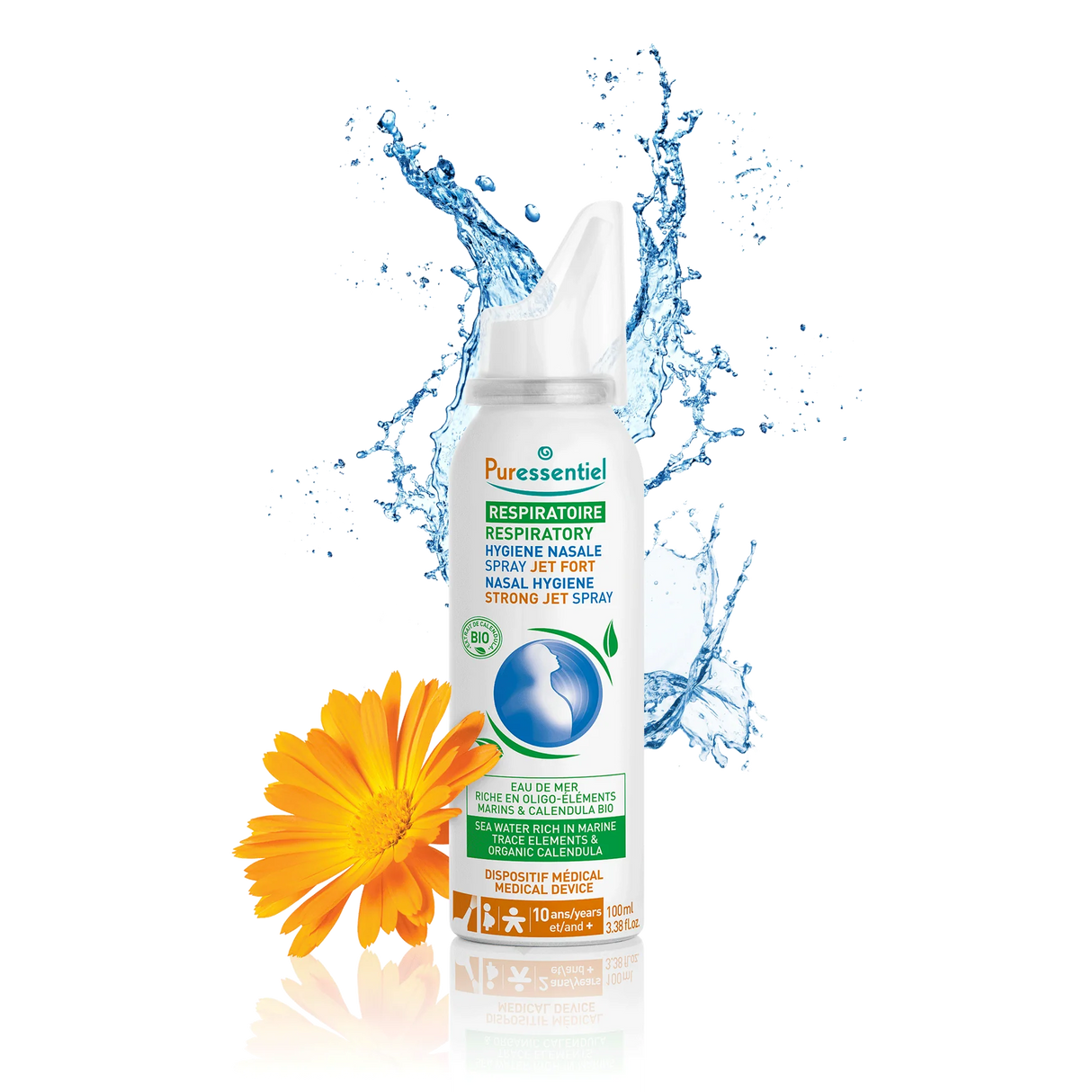 Puressentiel respiratory nasal hygiene strong jet spray with an orange flower and water splashes.