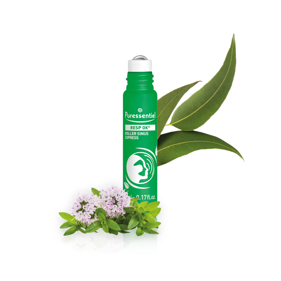 Puressentiel Resp OK sinus express roller with eucalyptus leaves and small purple flowers.