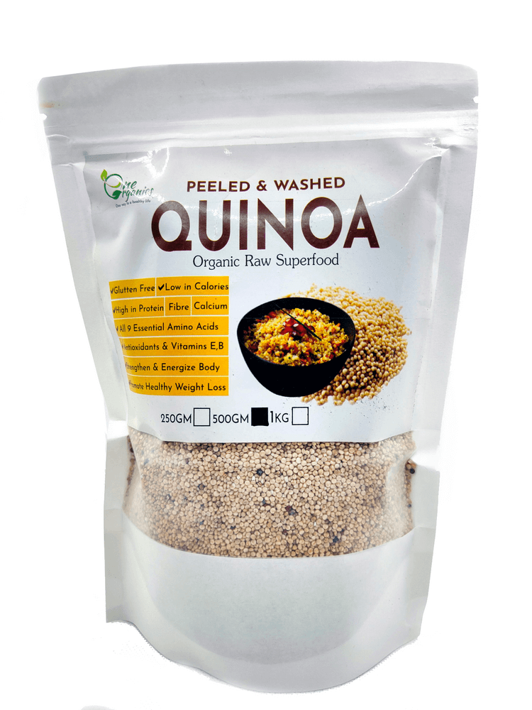 Pure Organics peeled and washed organic raw quinoa superfood, 500g package.