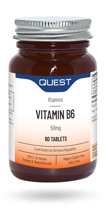 Amber glass bottle of Quest Vitamin B6 50mg tablets with silver cap.