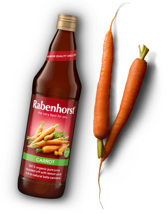 A bottle of Rabenhorst 100% organic carrot juice with two fresh carrots.