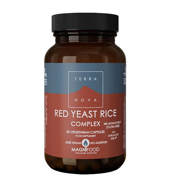 Terranova Red Yeast Rice Complex: Amber bottle of Terranova Red Yeast Rice Complex food supplement, featuring a label with branding, the Magnifood logo, and text indicating it contains 50 100% vegan, additive-free vegetarian capsules that are statin-free and contain Ankascin 568-R.
