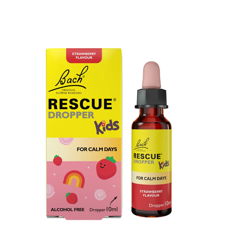 Bach Rescue Kids strawberry dropper for calm days, alcohol free.