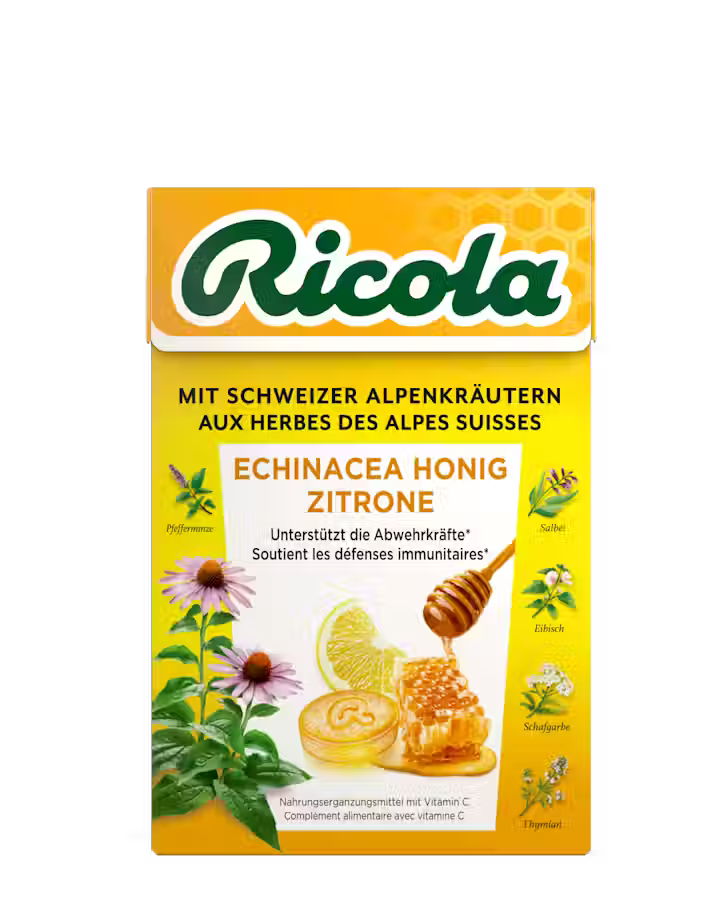 Yellow Ricola box for Echinacea Honey Lemon drops featuring honeycomb and herb illustrations.