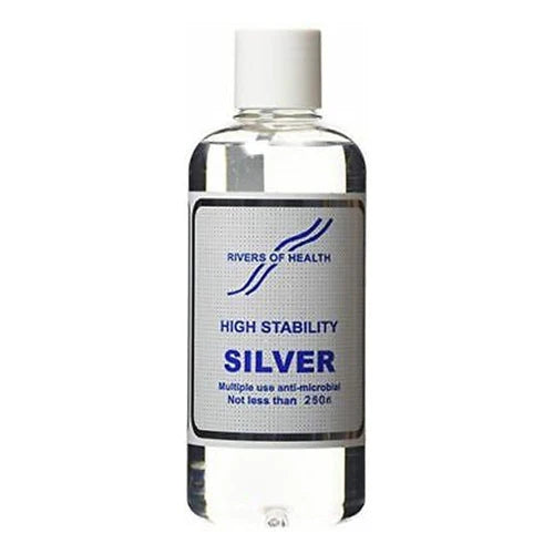 Clear bottle of Rivers of Health High Stability Silver anti-microbial liquid with a white screw cap.