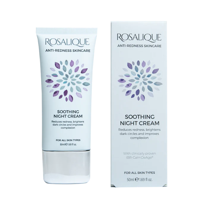 White Rosalique Soothing Night Cream tube and box with purple floral graphic.