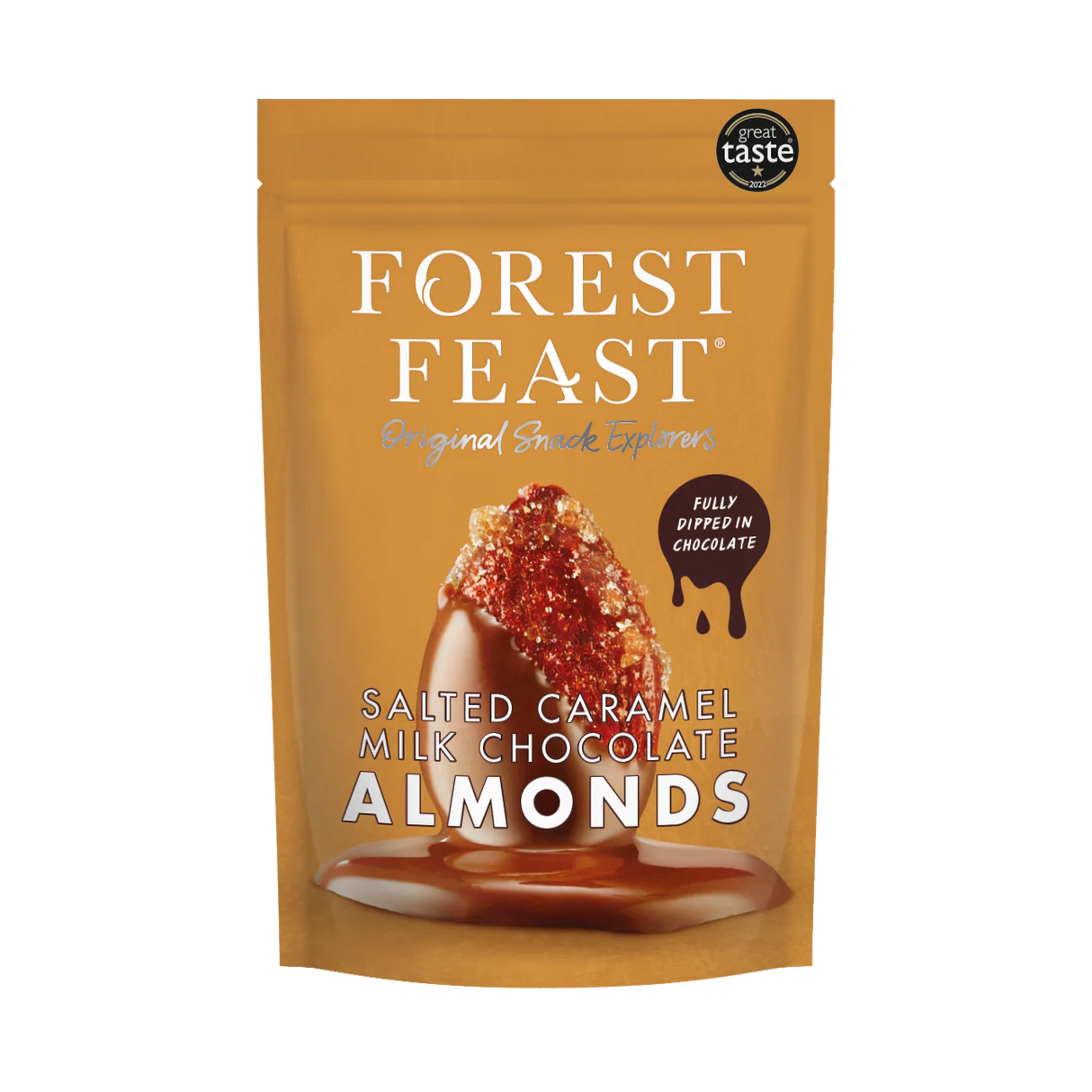 Forest Feast Salted Caramel Milk Chocolate Almonds 120g pouch.