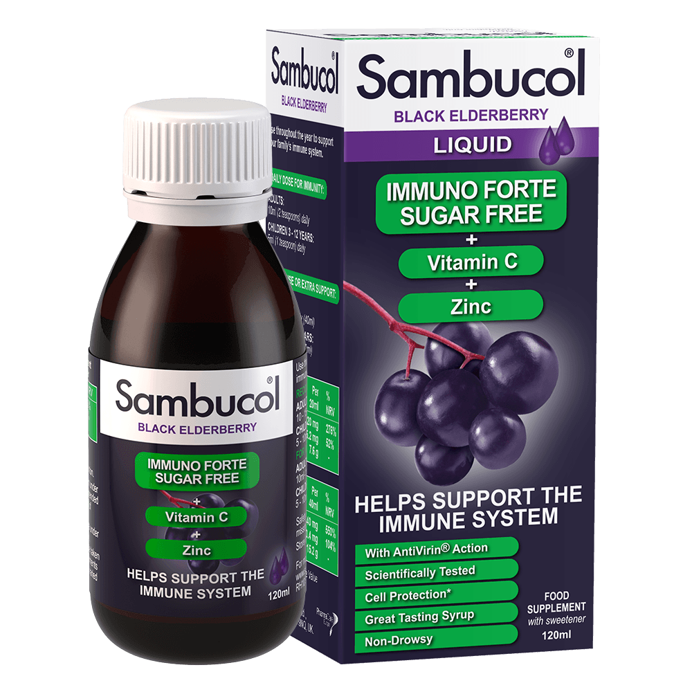 Sambucol Immuno Forte Sugar Free Black Elderberry liquid, a 120ml food supplement enriched with Vitamin C and Zinc to support the immune system, shown with its bottle and outer packaging.