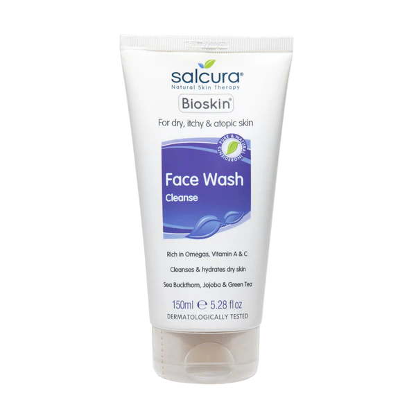 White tube of Salcura Bioskin Face Wash with purple label for dry and atopic skin.