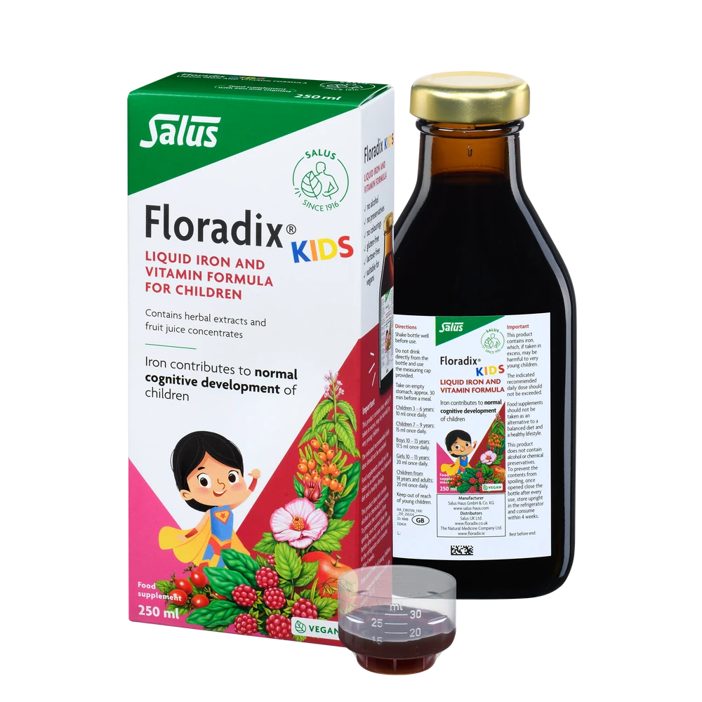 A bottle and box of Salus Floradix Kids liquid iron and vitamin formula.
