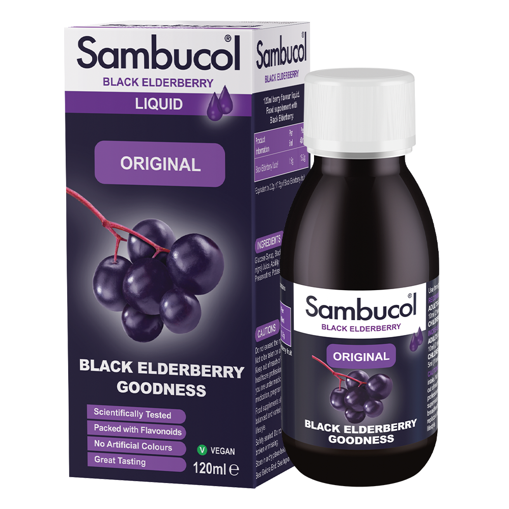 Sambucol Black Elderberry Liquid Goodness shown with its retail box and bottle on a plain white background.