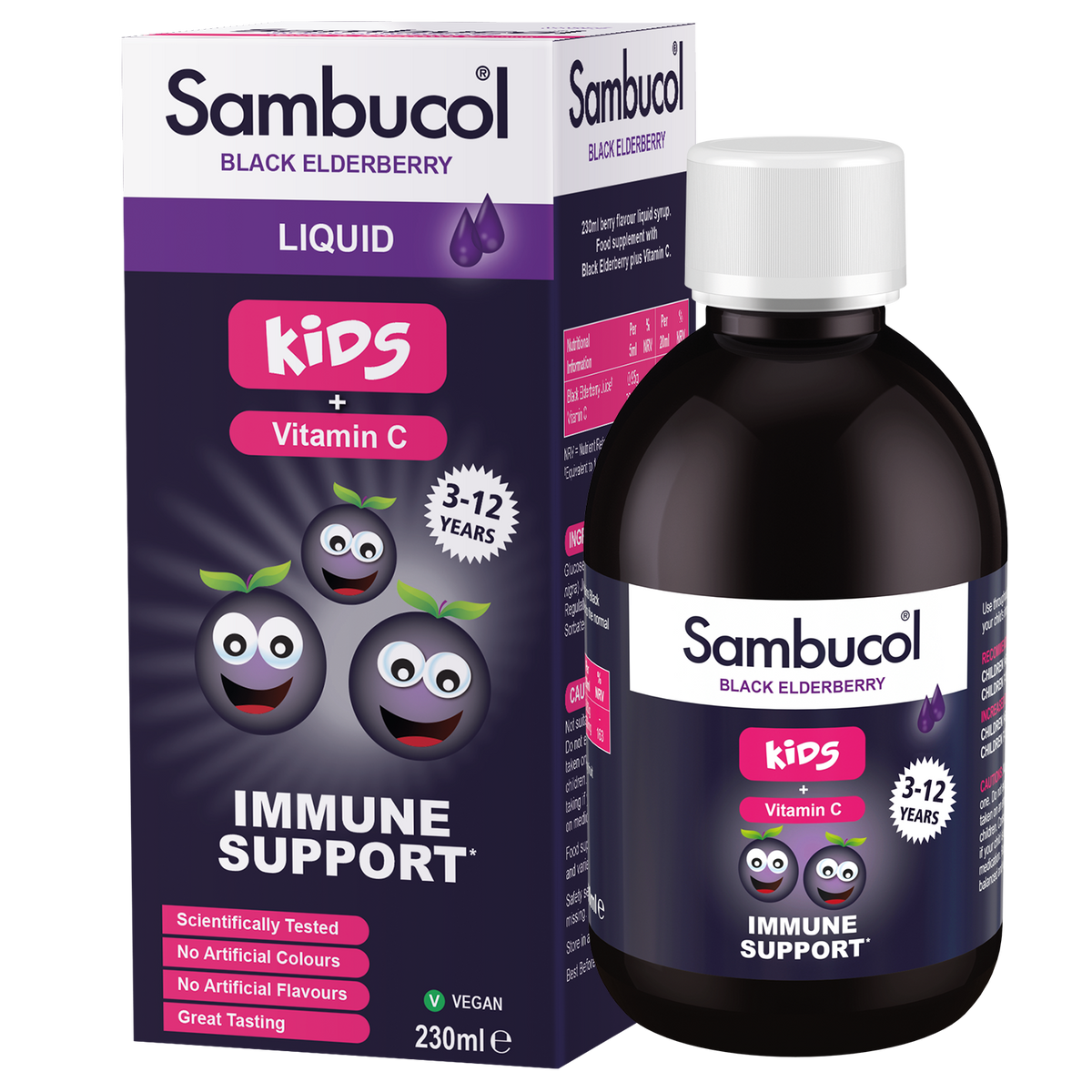 Sambucol Black Elderberry Liquid Immune Support bottle and packaging box, designed for kids aged 3-12, featuring a dark purple and pink color scheme with cartoon elderberry graphics.