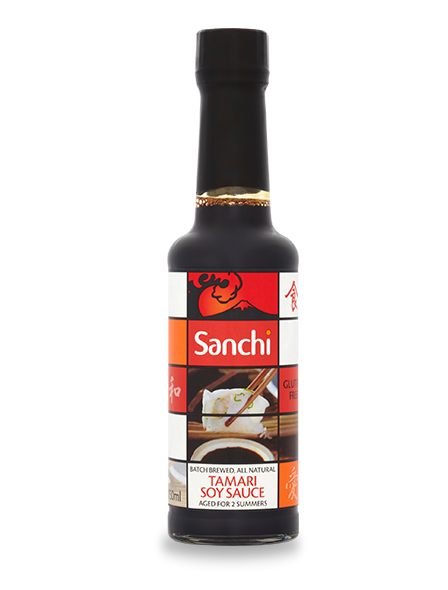 Bottle of Sanchi Tamari Soy Sauce featuring Japanese-themed art and graphics.