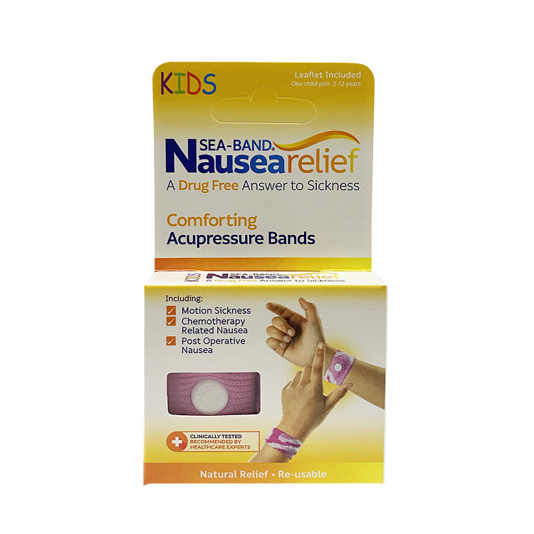 Sea-Band Kids Nausea Relief in pink, a pair of drug-free, reusable, and clinically tested acupressure bands recommended by healthcare experts to help relieve motion sickness, chemotherapy-related nausea, and post-operative nausea in children aged 3–12 years.