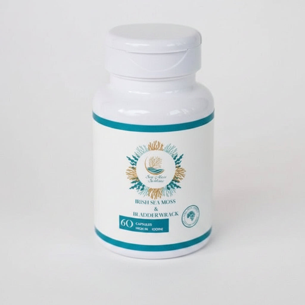 Sea Moss Sublime Irish Sea Moss & Bladderwrack capsules, a bottle containing 60 capsules that are high in iodine.