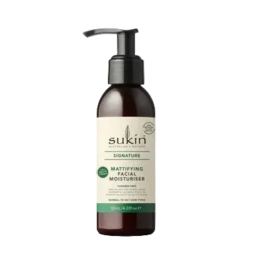 Sukin Signature Mattifying Facial Moisturiser is a 125ml paraben-free moisturizer designed for normal to oily skin types, enriched with rice powder, native lemongrass, and cucumber extract to promote a balanced and matte finish.
