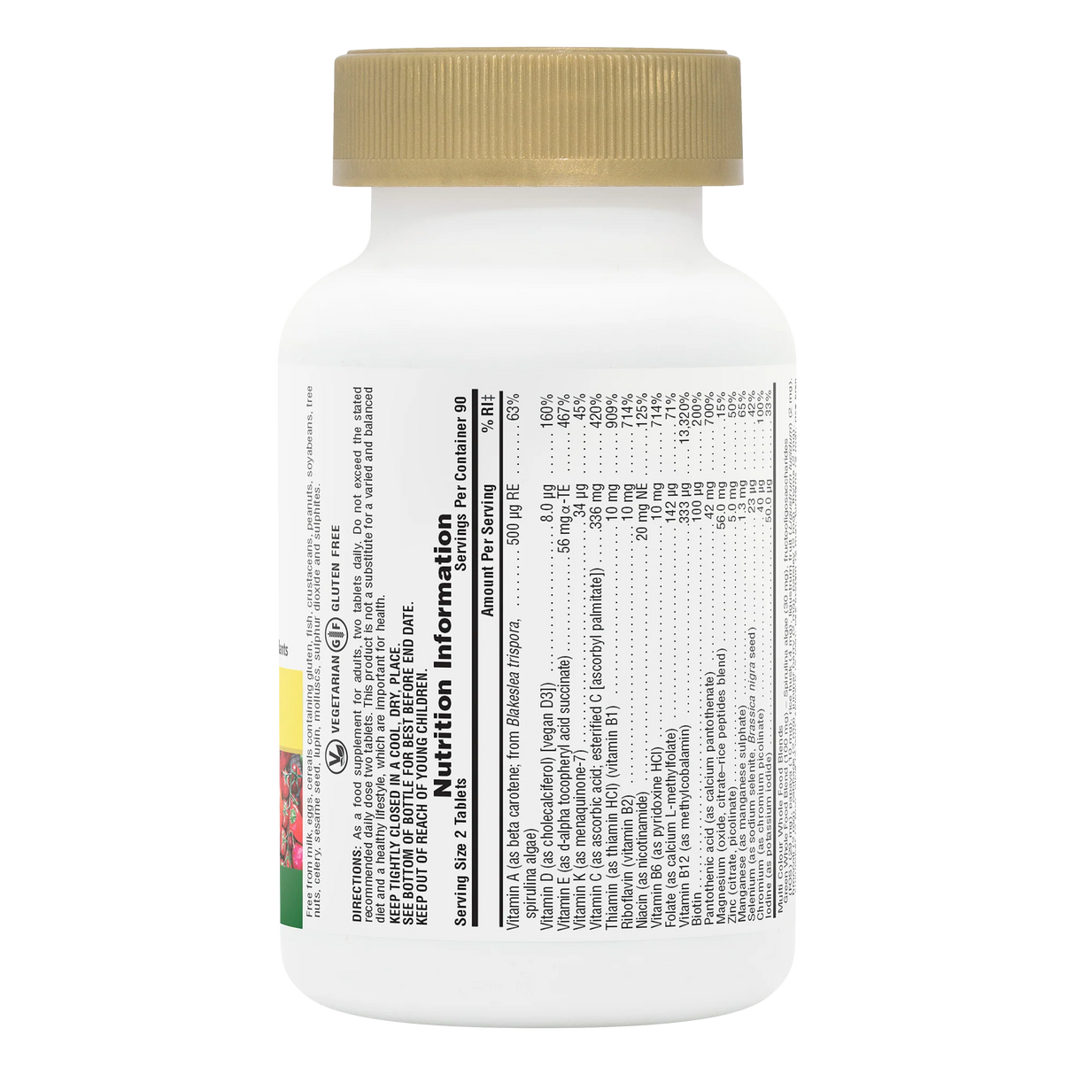 Side-profile view of a white supplement bottle with a gold cap, displaying the detailed "Nutrition Information" label and daily value percentages.