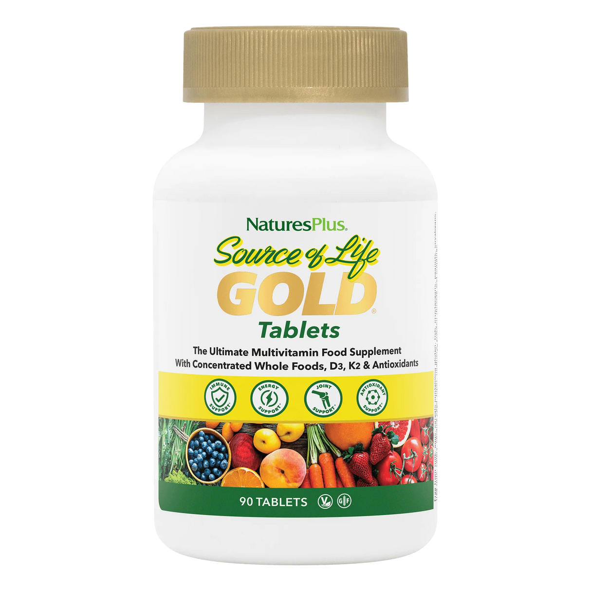 NaturesPlus Source of Life Gold 90 multivitamin tablets with concentrated whole foods, D3, K2, and antioxidants.