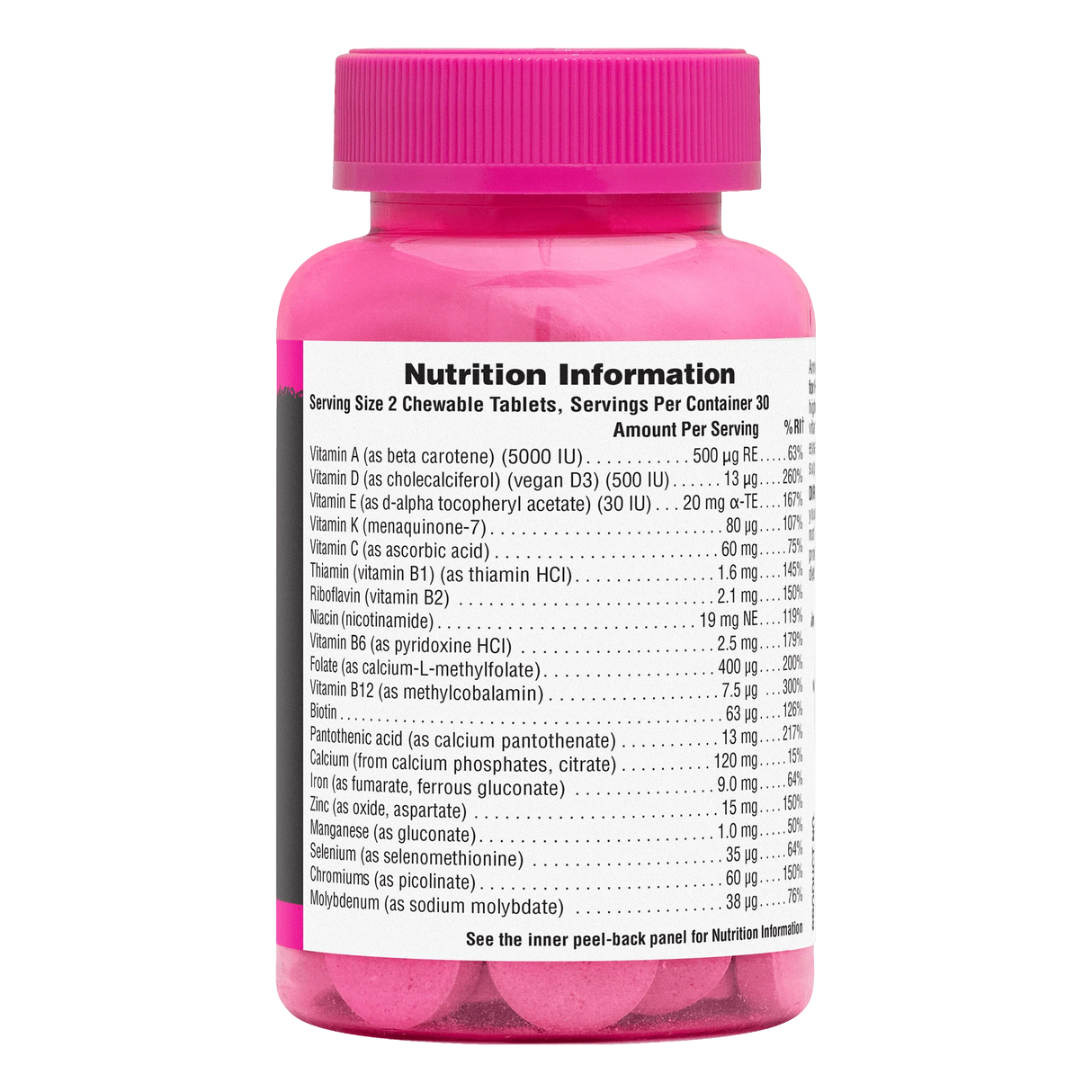 NaturesPlus Source of Life Power Teen for Her berry flavor multivitamin nutrition information and supplement facts label.