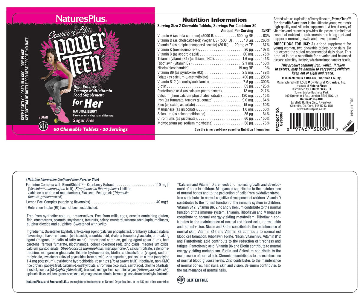NaturesPlus Source of Life Power Teen for Her 60 tablets full label with nutrition facts, ingredients, and directions.