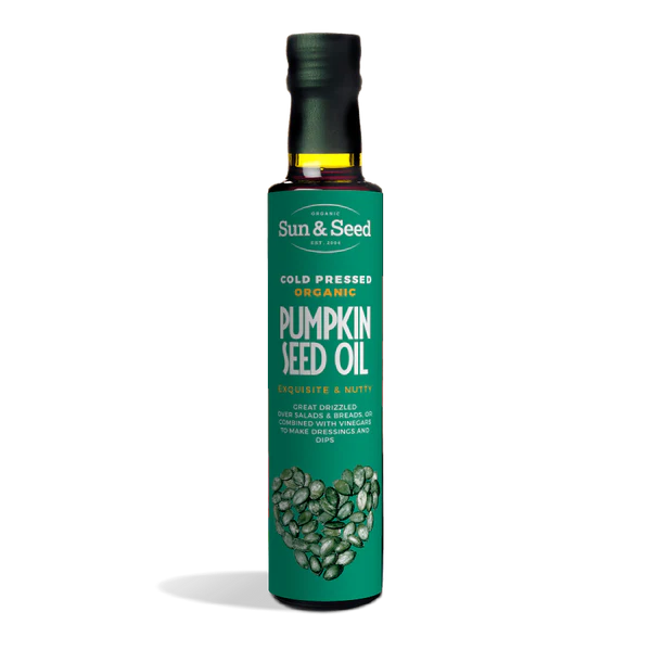 Sun & Seed organic cold-pressed pumpkin seed oil in a bottle with an exquisite and nutty flavor.