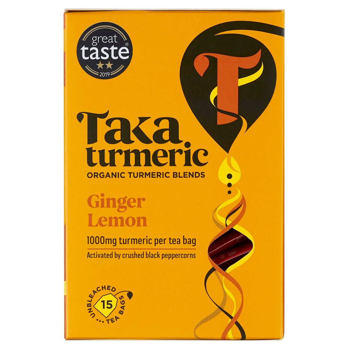Box of Taka Turmeric Ginger Lemon tea blend with branding and product details.