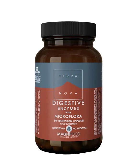 Terra Nova digestive enzymes supplement bottle on a gray background