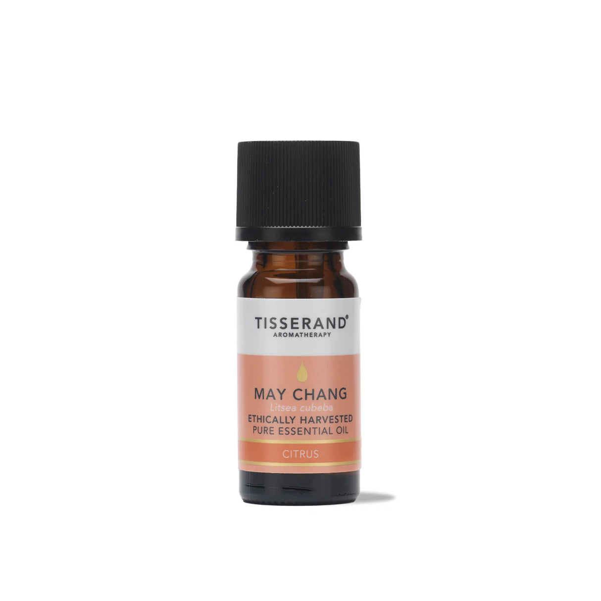 A small amber glass bottle of Tisserand May Chang ethically harvested pure essential oil with a peach and white label and a black cap.