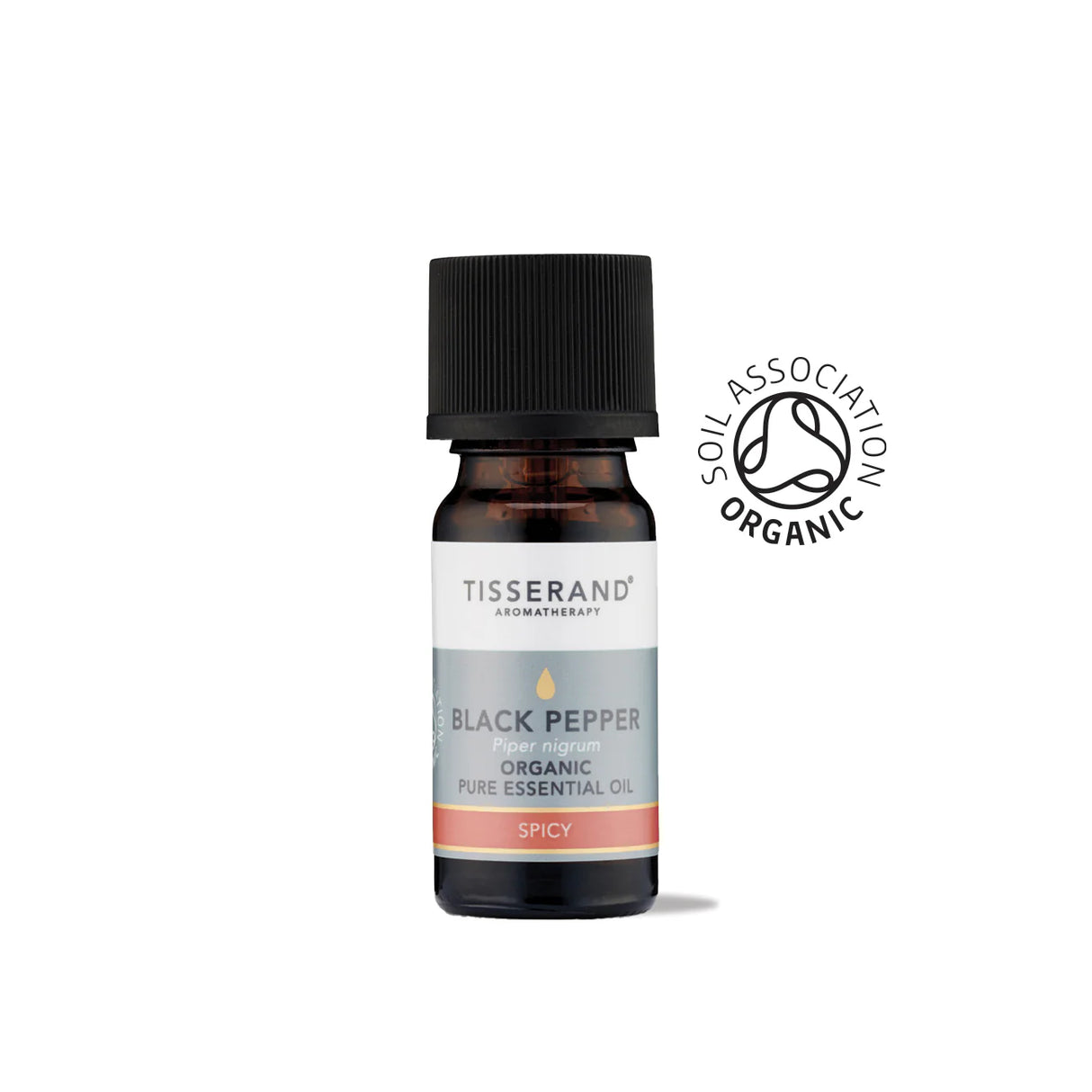 A small amber glass bottle of Tisserand Black Pepper organic pure essential oil with a grey, white, and red label and a black cap.