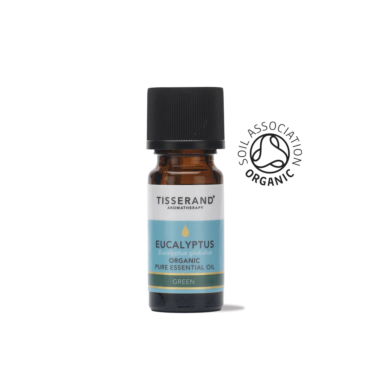 A small amber glass bottle of Tisserand Eucalyptus organic pure essential oil with a light blue and white label and a black cap.