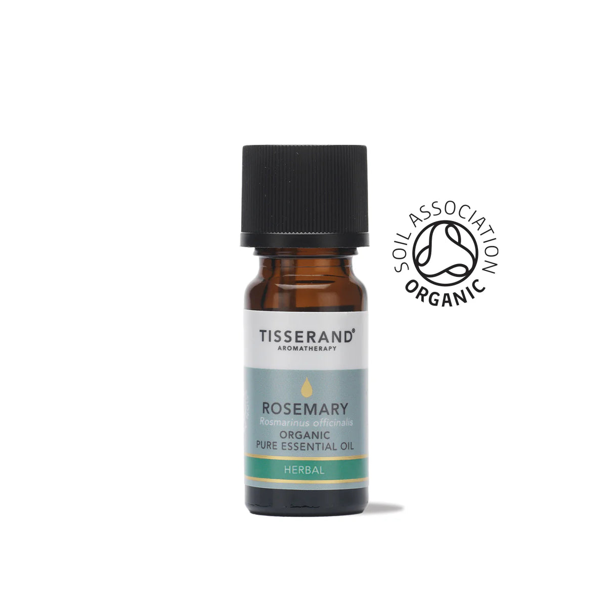 A small amber glass bottle of Tisserand Rosemary organic pure essential oil with a greyish-blue and white label and a black cap.