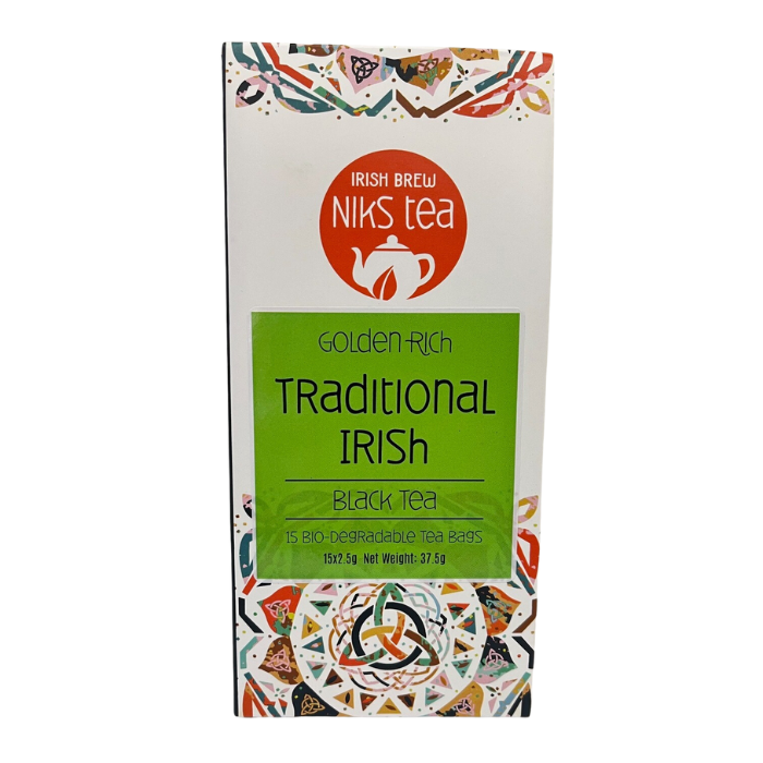 Box of Niks Tea labeled "Traditional Irish Black Tea" features colorful patterns and a green panel. Contains 15 biodegradable tea bags.