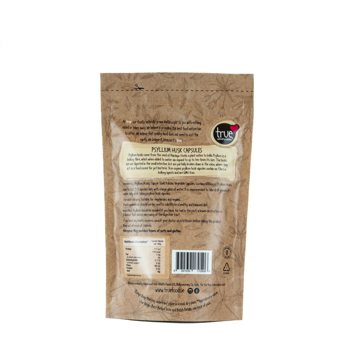 Brown paper package with text and a logo on a white background