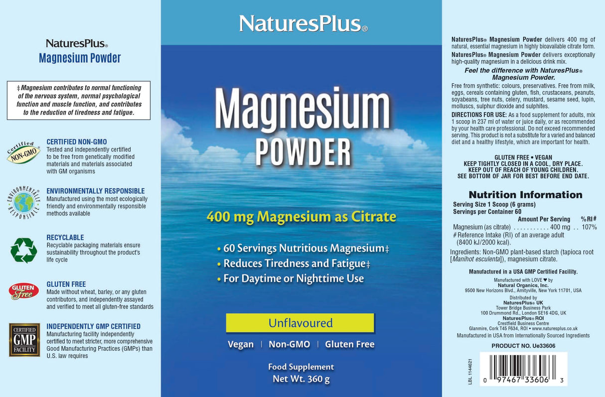 Detailed nutrition information panel for NaturesPlus Organic Ultra Juice Green powder showing a 10g serving size with high-potency vitamins and minerals.