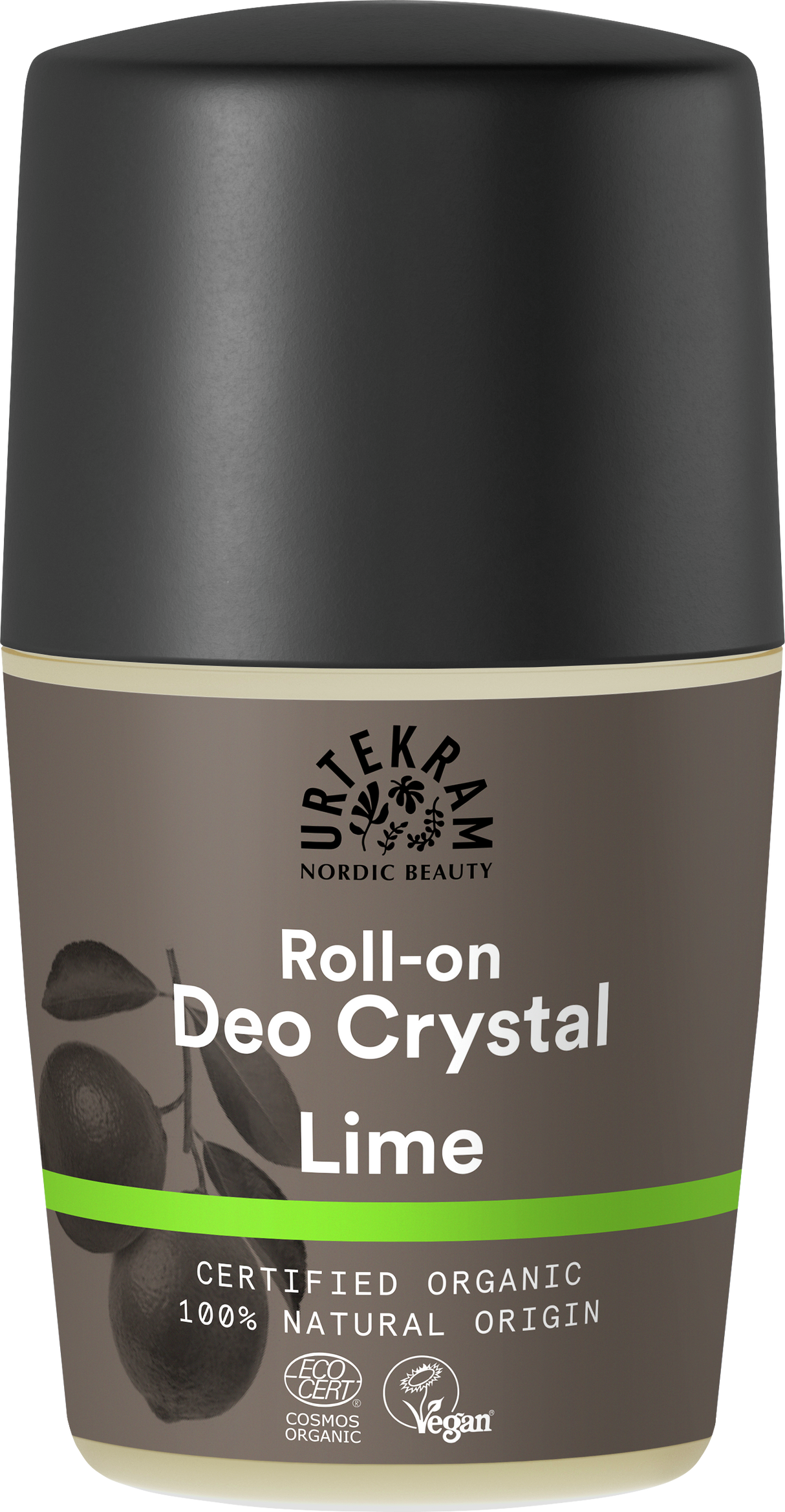 A roll-on deodorant with a brown and black label featuring lime illustrations, a green stripe, and organic and vegan certifications.