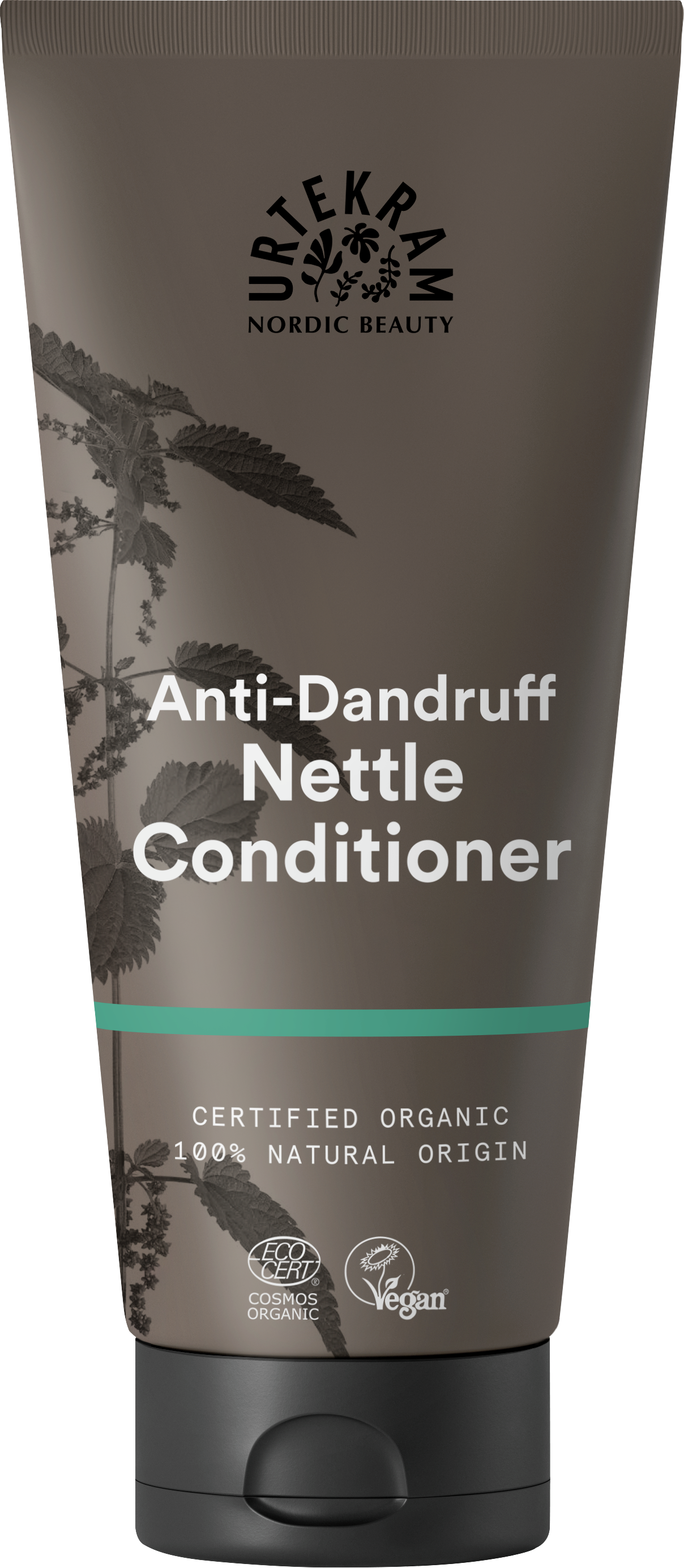 A brown tube of Urtekram Anti-Dandruff Nettle Conditioner featuring a nettle plant illustration, a teal stripe, and organic and vegan logos.
