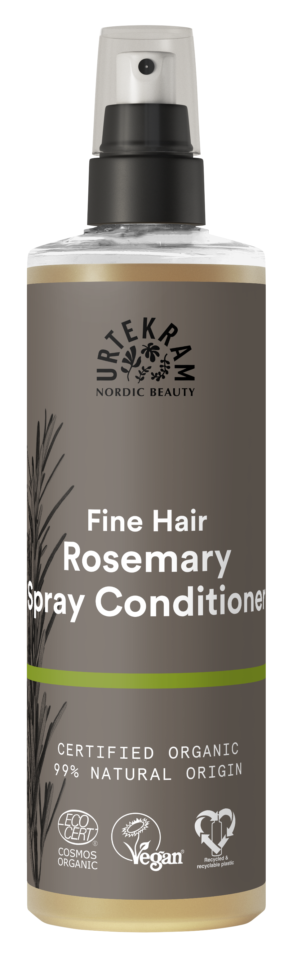 A grey spray bottle of Urtekram Rosemary Spray Conditioner for fine hair, featuring a rosemary sprig illustration, green stripe, and organic and vegan logos.