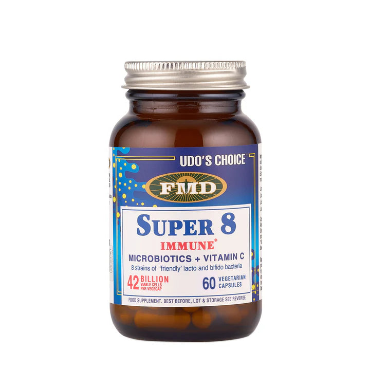 Udo’s Choice Super 8 Immune microbiotics with Vitamin C in a 60-count vegetarian capsule bottle, featuring 8 strains of lacto and bifido bacteria with 42 billion viable cells
