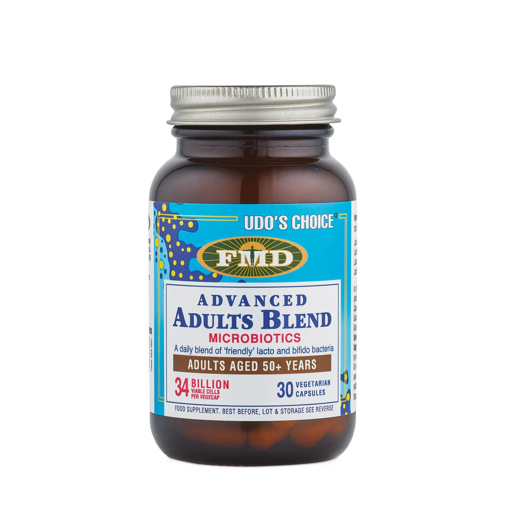 Udo’s Choice Advanced Adult’s Microbiotic Blend capsules for digestive health and 17 billion probiotics 30 capsules.
