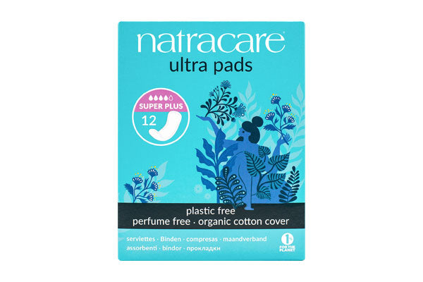 "Natracare Ultra Pads, Super Plus absorbency, 12 count, plastic-free, perfume-free with an organic cotton cover."